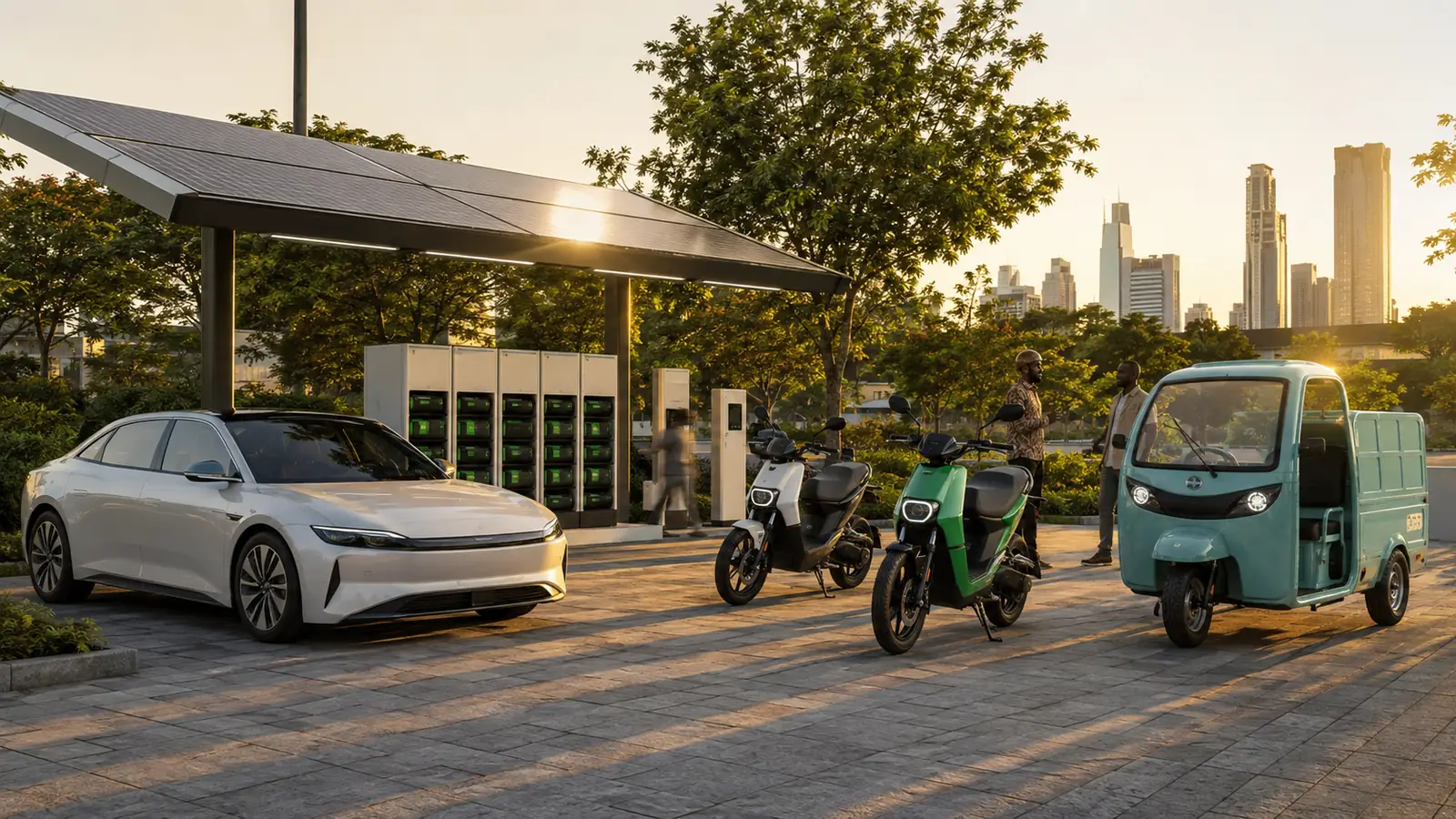 Electric vehicles charging under a solar canopy at the edge of an African city