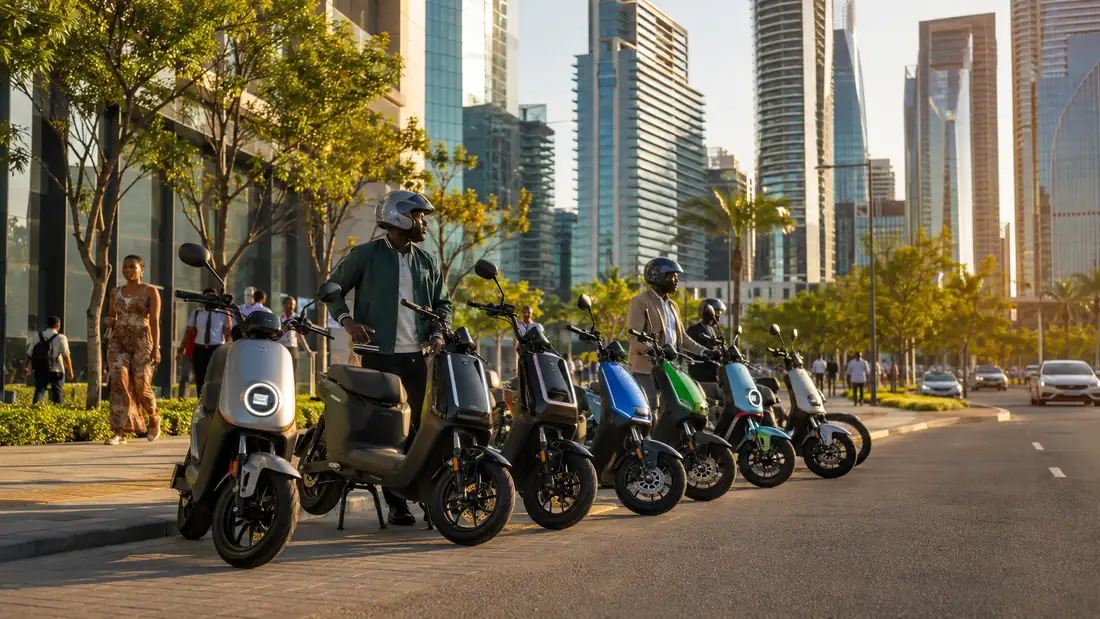 Fleet of electric two-wheelers in a modern African business district