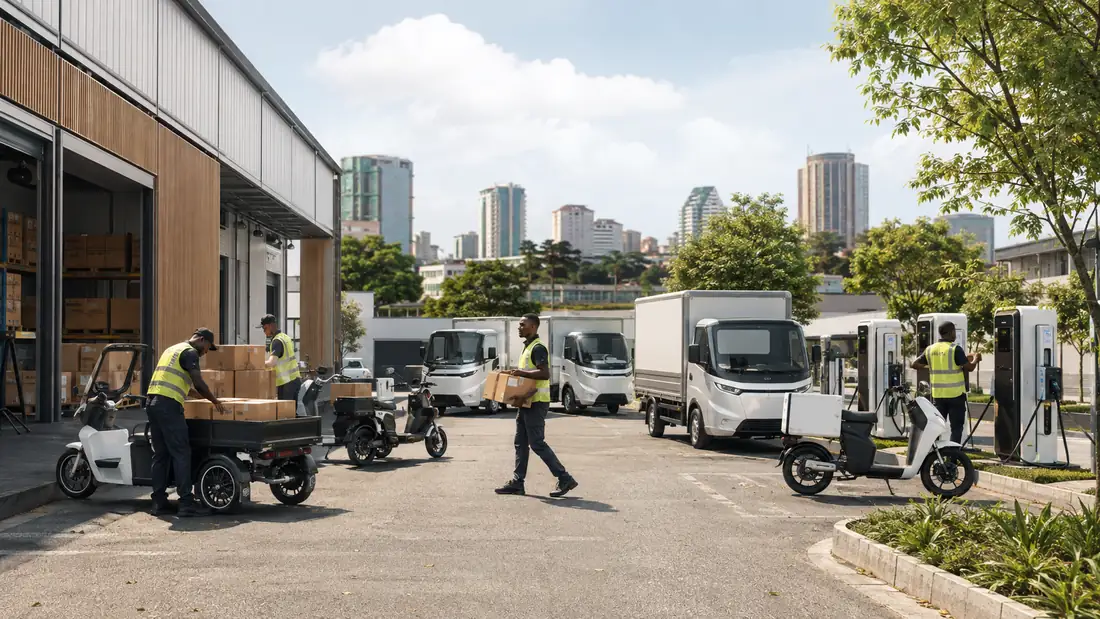 Urban logistics depot with electric vans being loaded