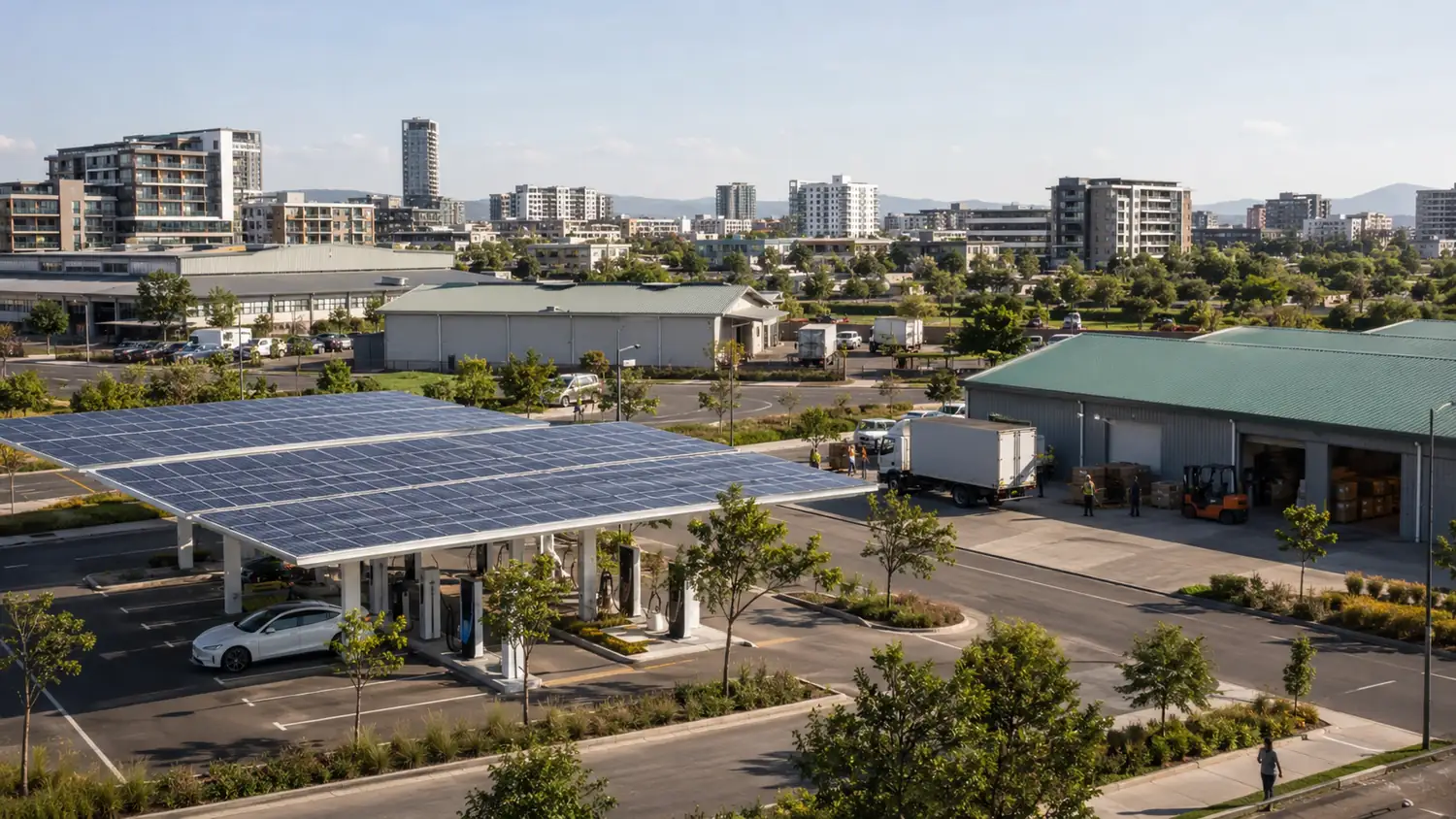 Solar charging hub next to logistics warehouses at the edge of a growing city