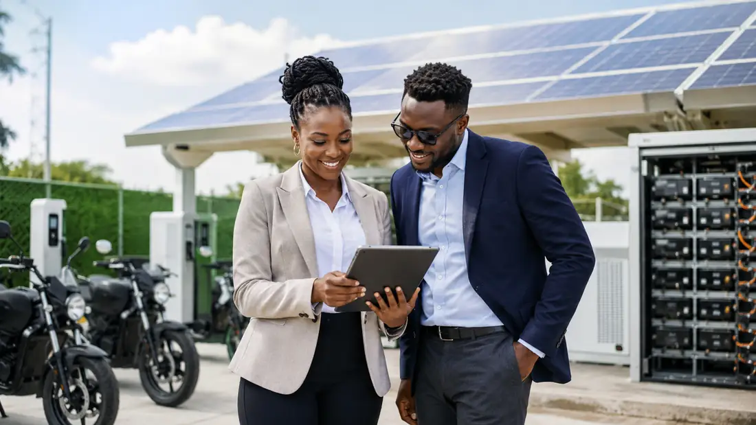 Two investment professionals reviewing fleet data on site